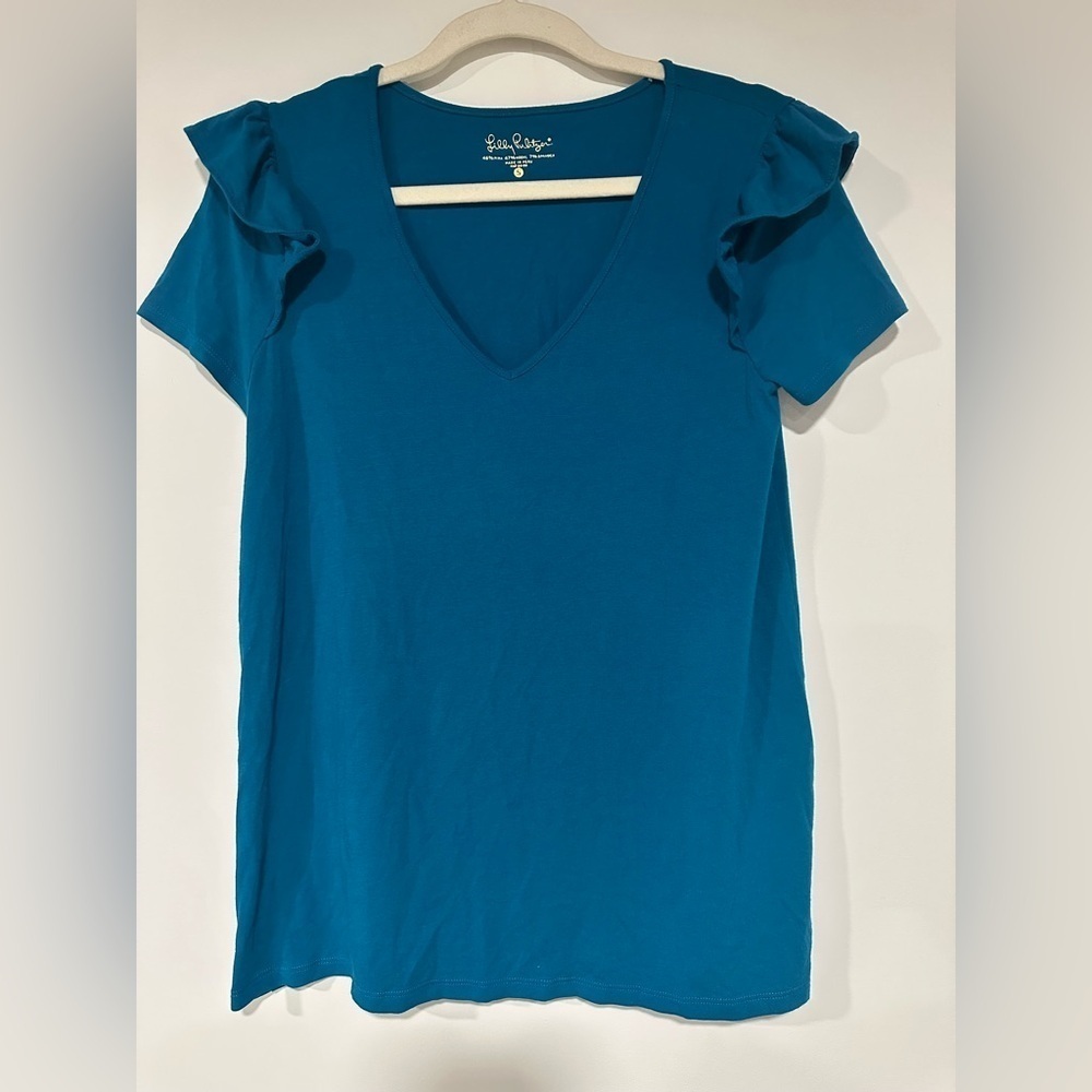 Lilly Pulitzer Samira Top Ruffle S/S V Neck Tidal Wave Blue Green Women's Size S